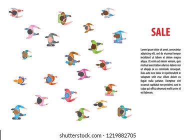 Vector illustration. People run to the sales event. Top view. A group of different people running. View from above. Space for text.