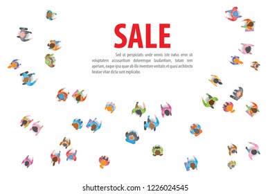 Vector illustration. People run to the sales event. Top view. A group of different people running. View from above. Space for text.