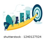 Vector illustration, people run to their goal on the column of columns, move up motivation, the path to the target's achievement