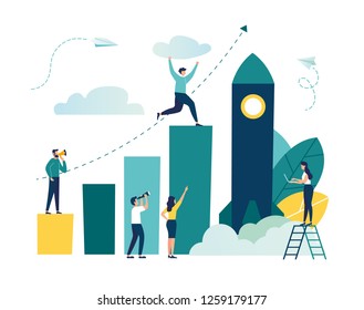 Vector illustration, people run to their goal on a column of columns, move up the motivation, the way to achieve the goal, rocket up, - vector