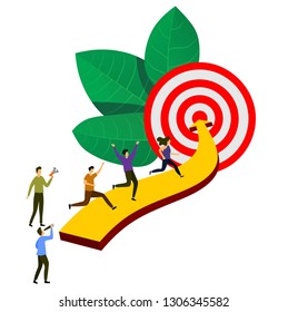 Ilustración vectorial, la gente corre a su objetivo en la columna de columnas, sube la motivación, el camino al logro del objetivo.