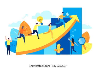 Vector illustration, people run to their goal on the column of columns, move up motivation, the path to the target's achievement