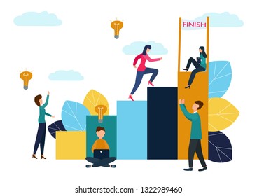 Vector illustration, people run to their goal in a column of columns, increase motivation, the way to achieve the goal