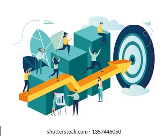 Vector illustration, people run to their goal on the column of columns, move up motivation, the path to the target's achievement - Vector 