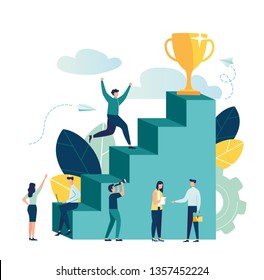 Vector illustration, people run to their goal on the stairs, move up the motivation, the path to achieving the goal - vector - vector