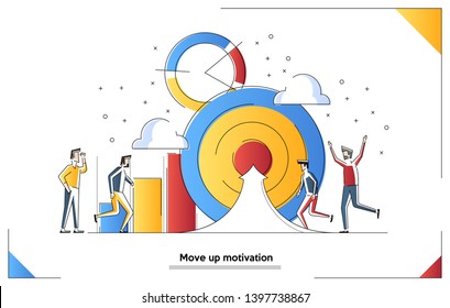 Vector illustration, people run to their goal on the column of columns, move up motivation, the path to the target's achievement
