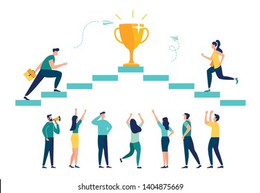 Vector illustration, people run to their goal on the column of columns, move up motivation, the path to the target's achievement - Vector - Vector 