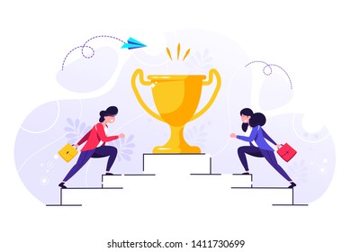 Vector illustration, people run to their goal on the column of columns, move up motivation, the path to the target's achievement