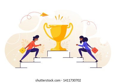Vector illustration, people run to their goal on the column of columns, move up motivation, the path to the target's achievement