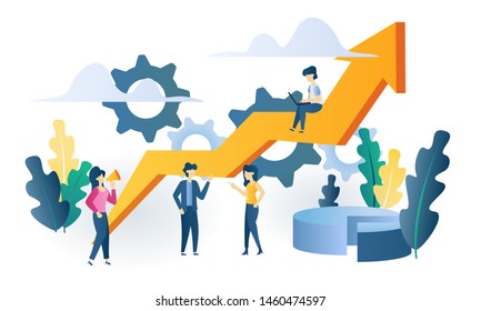 Vector illustration, people run to their goal on the column of columns, move up motivation, the path to the target's achievement
