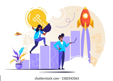Vector illustration, people run to their goal on a column of columns, move up the motivation, the way to achieve the goal, rocket up, - vector
