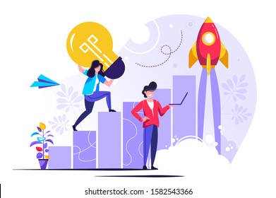 Vector illustration, people run to their goal on a column of columns, move up the motivation, the way to achieve the goal, rocket up, - vector