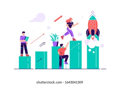 Vector illustration, people run to their goal on a column of columns, move up the motivation, the way to achieve the goal, rocket up. Modern design flat style vector illustration for web page