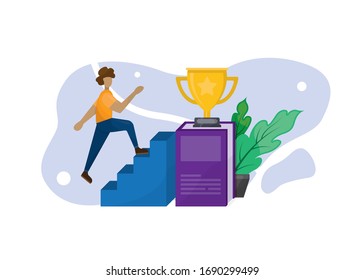 Vector illustration, people run to their goal on the column of columns, move up motivation, the path to the target's achievement, flat style cartoon design isolated on white background