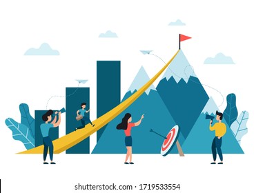 Vector illustration, people run to their goal on the peak of the mountain with the graphs and arrow target, move up motivation, the path to the target's achievement, mission and vision.