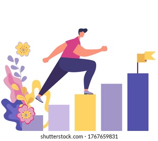 Ilustración vectorial, la gente corre hacia su objetivo en la columna de columnas, sube la motivación, el camino hacia el logro del objetivo.