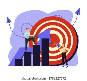 Vector illustration, people run to their goal on the column of columns, move up motivation, the path to the target's achievement - Vector