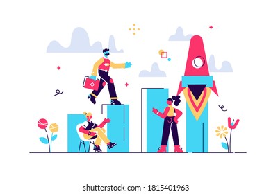Vector illustration, people run to their goal on a column of columns, move up the motivation, the way to achieve the goal, rocket up, - vector