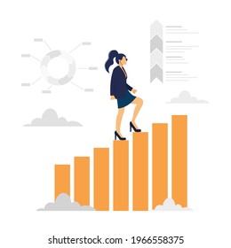 Vector illustration, people run to their goal on the column of columns, climbing up the stairs, move up motivation, the path to the target's achievement