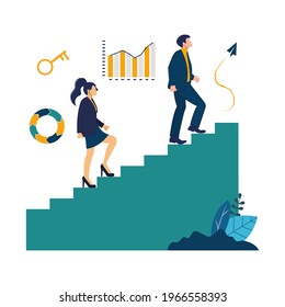 Vector illustration, people run to their goal on the column of columns, climbing up the stairs, move up motivation, the path to the target's achievement