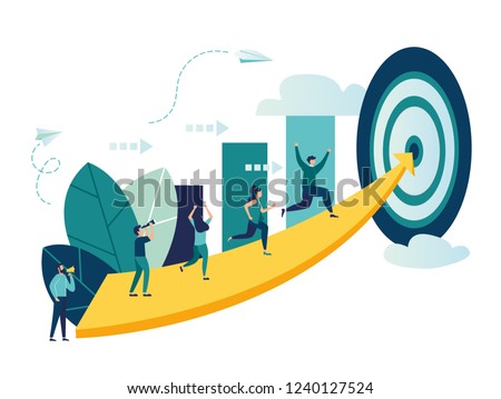 Vector illustration, people run to their goal on the column of columns, move up motivation, the path to the target's achievement