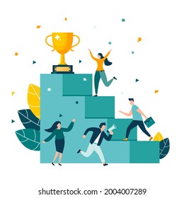 Vector illustration, people running to the destination uphill, moving to their dreams. Motivation, a way to achieve the goal.