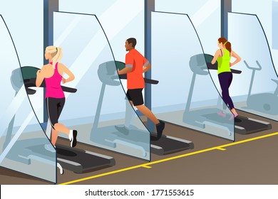 A vector illustration of People Running on Treadmill Inside a Gym During Pandemic 