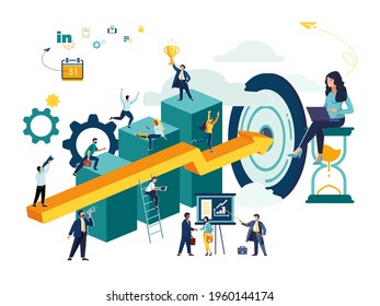 Vector illustration, people running to their goal on a column of columns, moving up motivation, the path to the goal. Business growth chart.Flat design teamwork, collaboration, partnership development