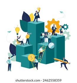 Vector illustration, people running to their goal on a column of columns, moving up motivation, way to the goal.Business growth chart.Flat design, concept of teamwork, cooperation, finance development