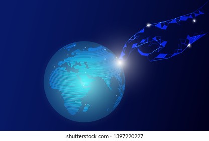 vector illustration people 's hand touching ,pointing to the globe, modern technology futuristic graphic design use for background.