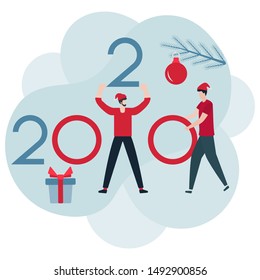 Vector illustration. People in Santa Claus Christmas hat bring numbers for 2020. New year background. Design for web page, presentation, print.