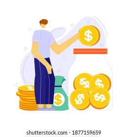 Ilustración vectorial de personas ahorrando dinero en frasco o caja. Concepto de planificación presupuestaria.
