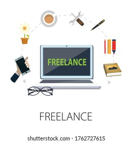 Vector illustration of people search & recruitment concept with "freelance" hiring employee symbol. job search icon.