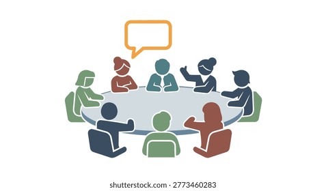 vector illustration of people seated around a table engaged in conversation with a speech bubble above.