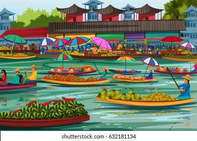 vector illustration of people selling fruit and vegetable on boat in floating market