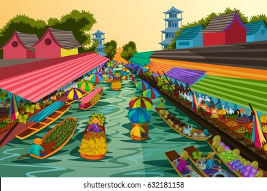 Vector Illustration Of People Selling Fruit And Vegetable On Boat In Floating Market