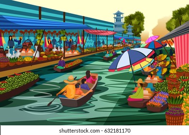 vector illustration of people selling fruit and vegetable on boat in floating market