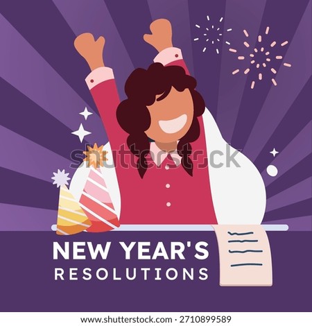 Vector illustration of people setting goals and celebrating the New Year with fireworks, party hats, and holiday decorations.