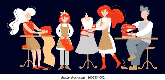 Vector illustration people sew in workshop clothes on a black dark background. The blonde sews on a typewriter, the red-haired girl cuts the fabric, the gray-haired man sews on the typewriter, the red