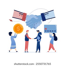 Ilustración vectorial de Personas que se dan la mano y remiten a amigos para decisiones financieras y bancarias, incluidos préstamos con tarjeta de crédito, inversiones y acuerdos comerciales, que simbolizan la confianza y la colaboración
