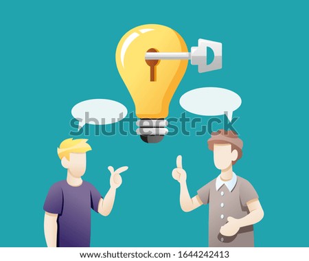 Vector illustration people sharing ideas for solve problems. People with light bulb idea, Business brainstorming teamwork, Thinking about creative idea. Flat style vector illustration