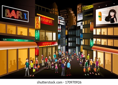 A Vector Illustration Of People Shopping At A Busy City Center At Night