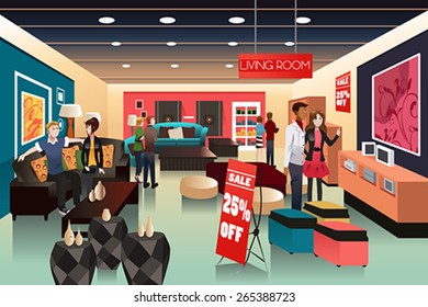 A vector illustration of people shopping in a furniture store