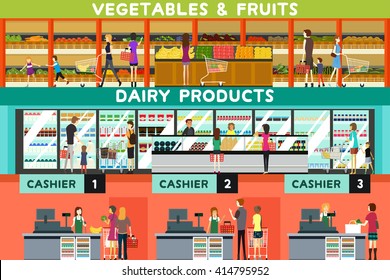 A vector illustration of people shopping in a grocery store