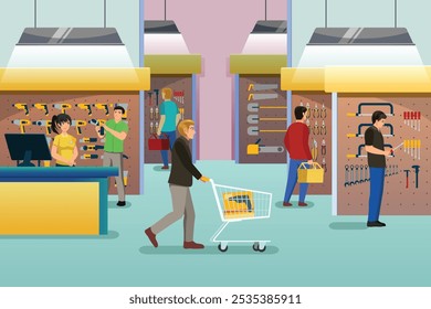 A vector illustration of People Shopping at a Hardware Store 