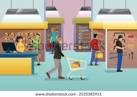 A vector illustration of People Shopping at a Hardware Store 