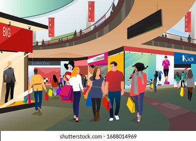 A Vector Illustration Of People  Shopping In A Mall