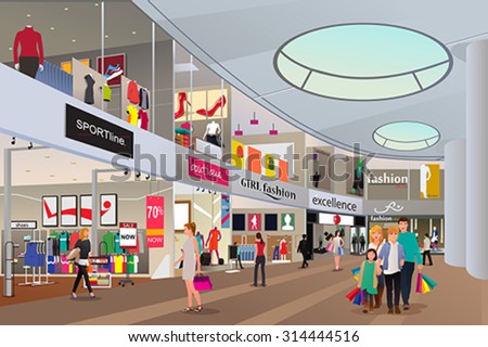 A vector illustration of people  shopping in a mall