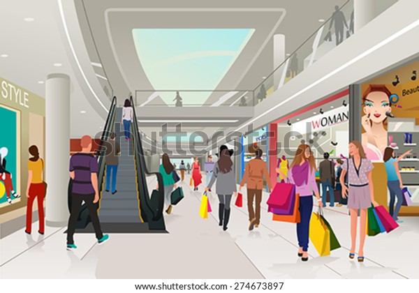 ショッピングモールで買い物をする人々のベクターイラスト のベクター画像素材 ロイヤリティフリー