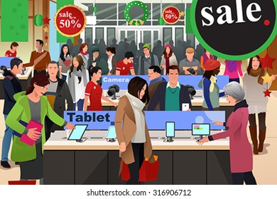 A Vector Illustration Of People Shopping On Black Friday In Electronic Store